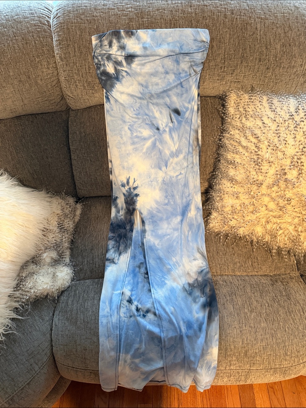 Fashion Nova Blue Tie-Dye Strapless Maxi Dress
